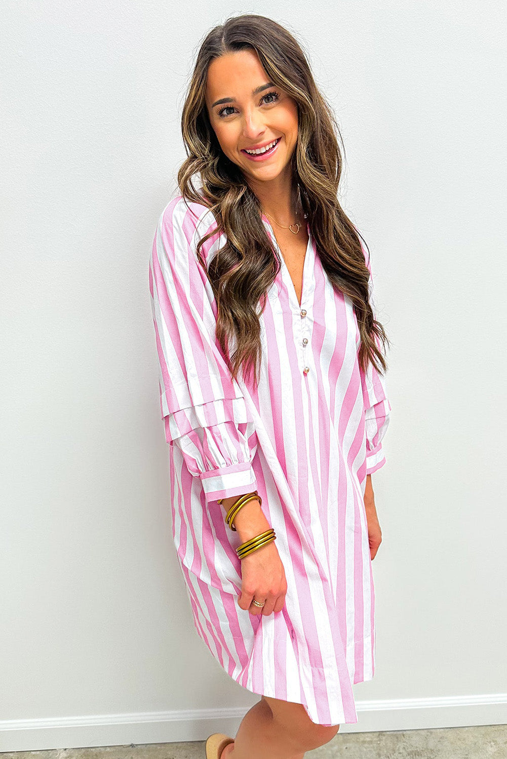 Stripe 3/4 Sleeve Buttoned V-Neck Mini Dress