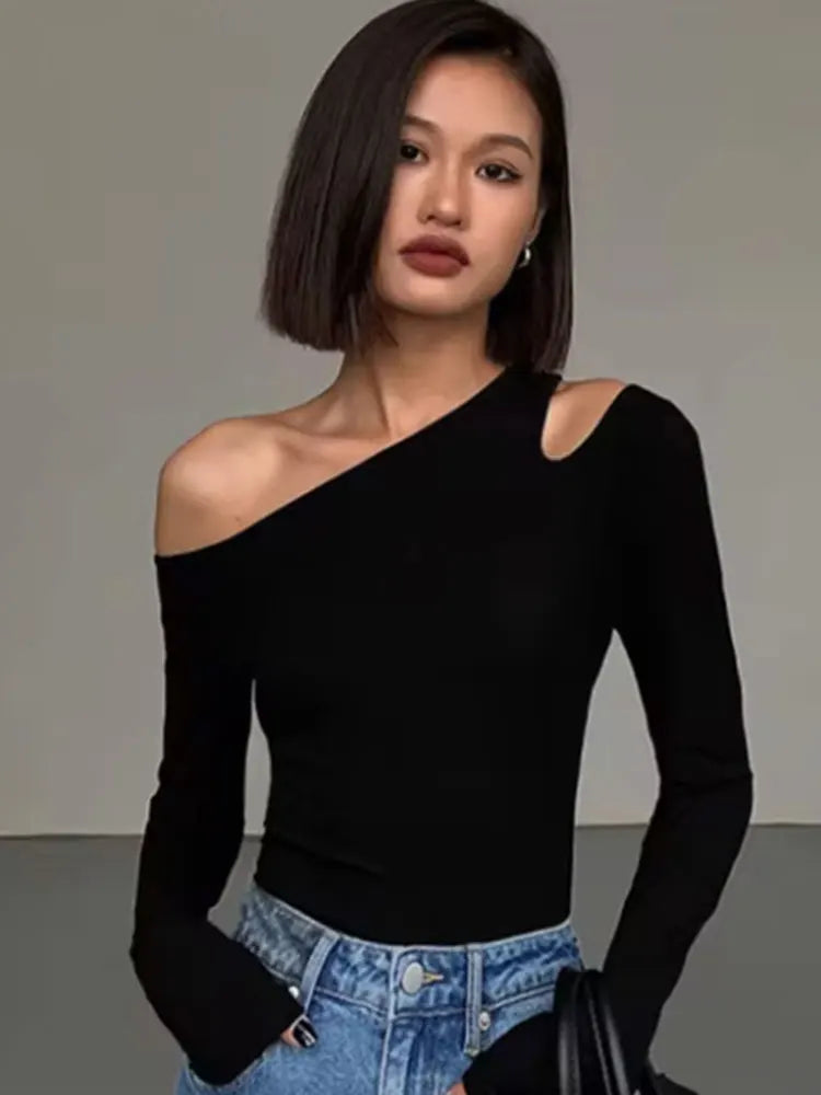 EdgeMuse Skew Collar Top – Off-Shoulder Hollow Crop Tee  Asymmetrical style. Sleek fit. Effortless allure.