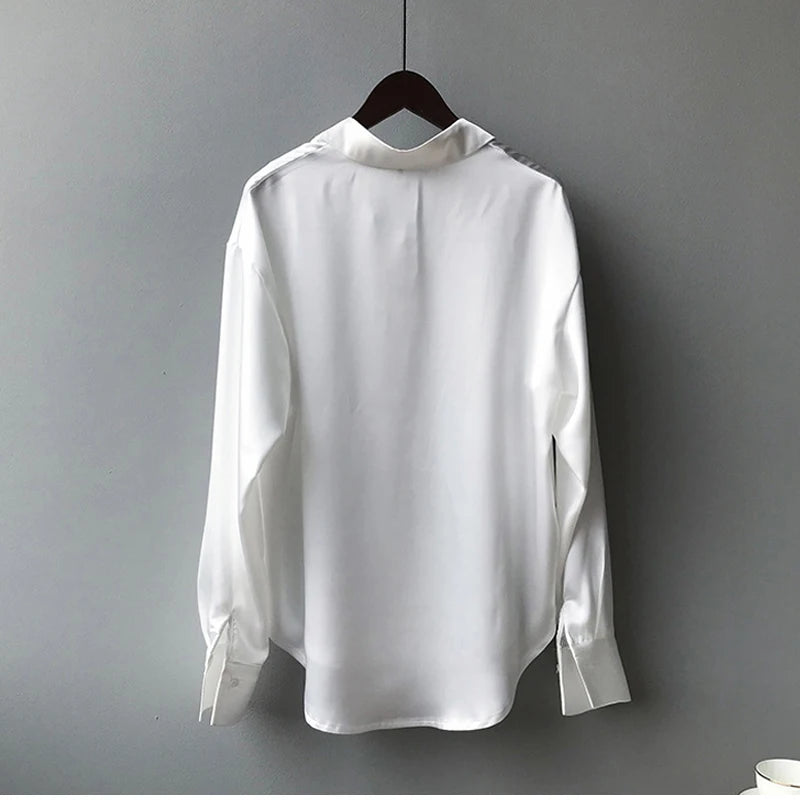SilkMuse Shirt – Satin Button-Up Vintage Blouse  Smooth texture. Timeless style. Effortless elegance.