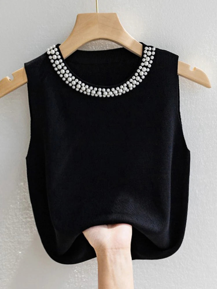 KnitLuxe Beaded Vest – Korean Sleeveless Summer Top  Minimal elegance. Soft texture. Effortless style.