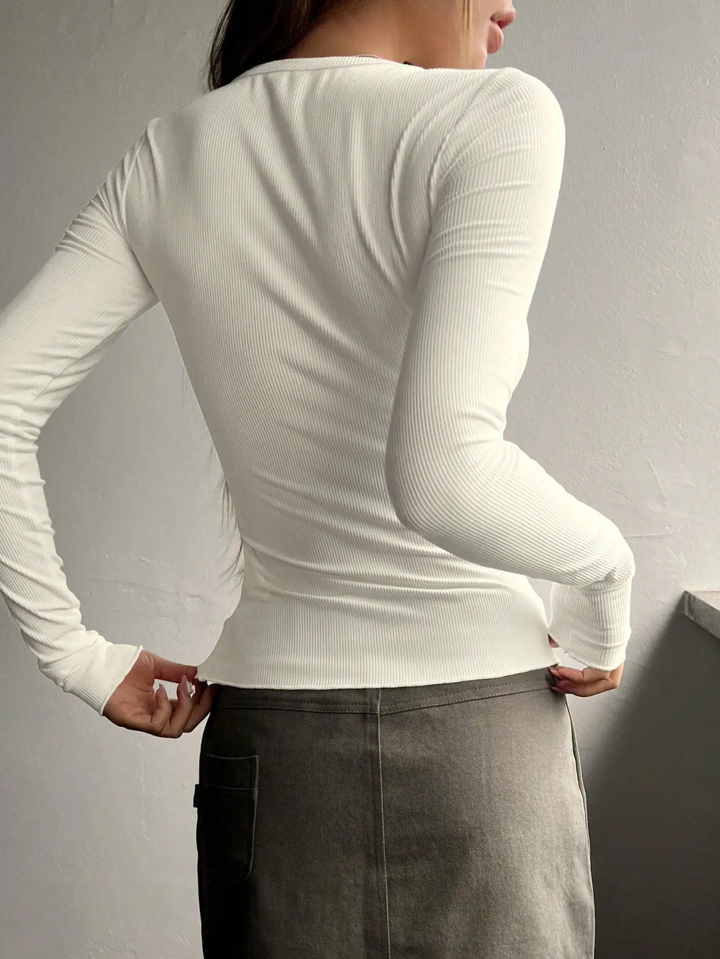 Rib Muse Button Tee – Long Sleeve Casual Top  Soft texture. Classic detail. Everyday style