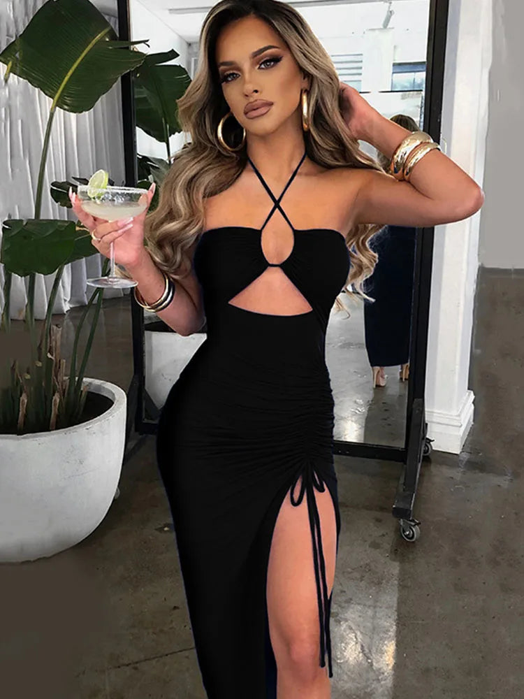 Noir Muse Midi Dress – Backless Bodycon Elegance  Sleek silhouette. Timeless allure. Night-ready confidence.