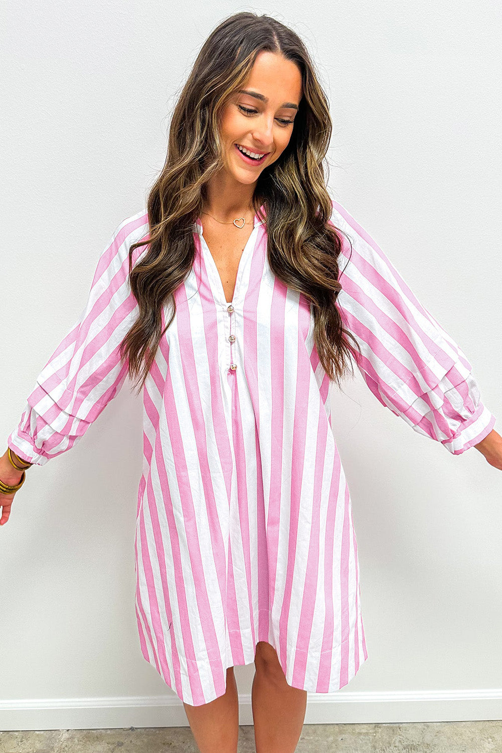 Stripe 3/4 Sleeve Buttoned V-Neck Mini Dress