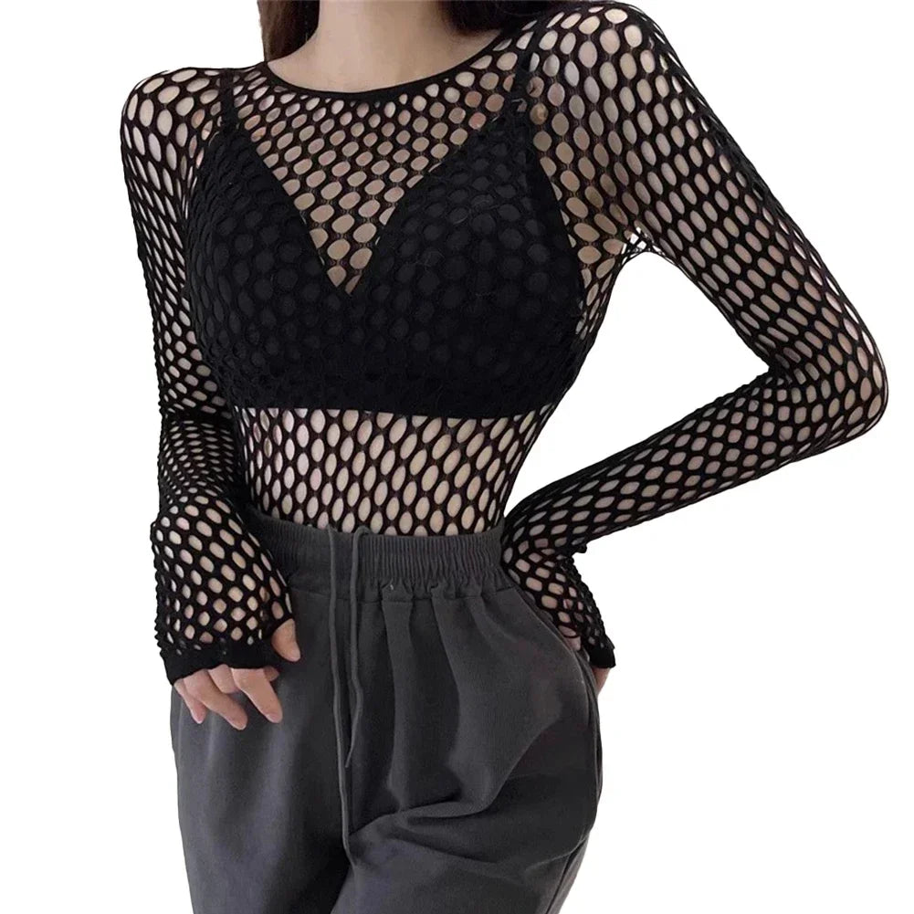 MeshEdge Crop Top – Sheer Fishnet Long Sleeve Tee  Bold layers. Street attitude. Effortless edge.
