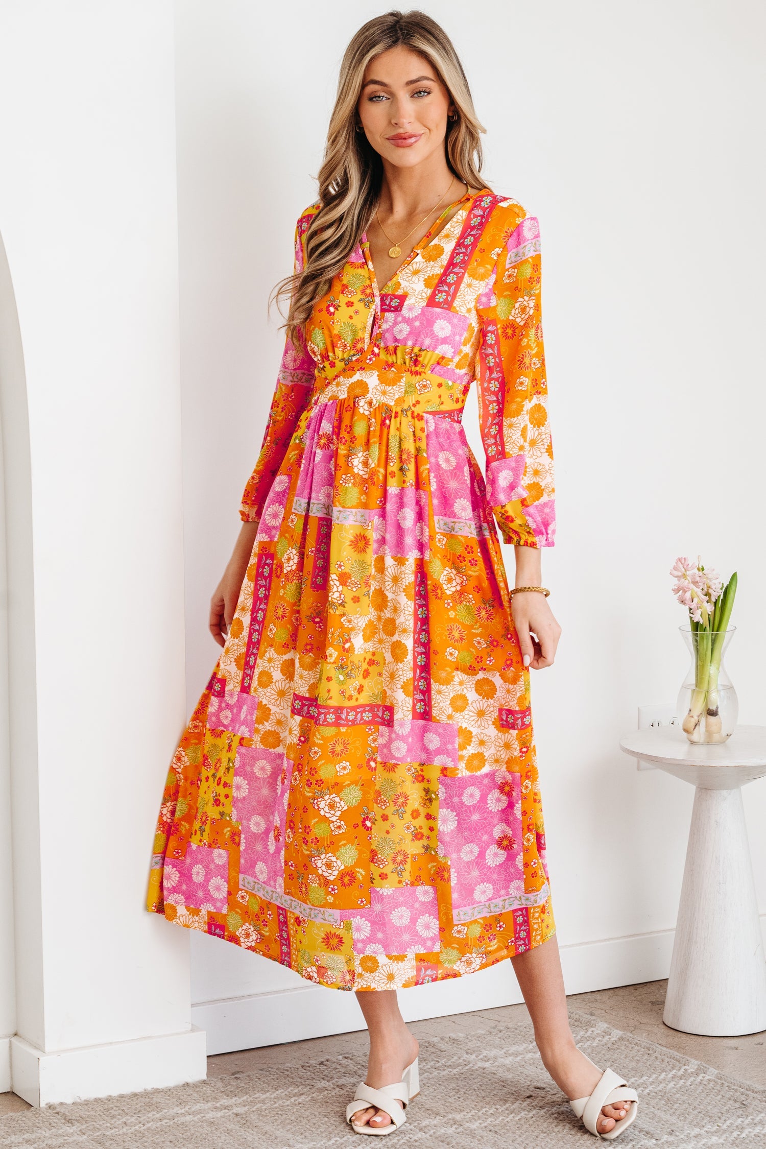 Floral Patchwork Cut-Out Tied Back Maxi Dress