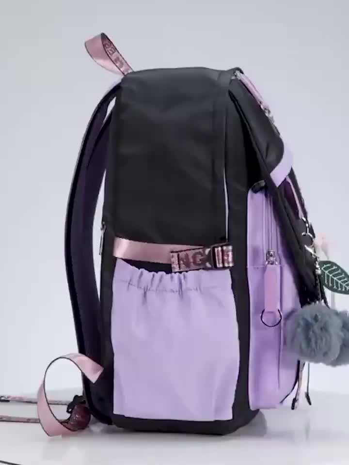 1pc Girl School Backpack With Two Small Plush Ball, Fashionable Contrast Color Bag With Letter Pattern Strap, Casual Backpack, Laptop Notebook Bag, With Breathable Shoulder Strap