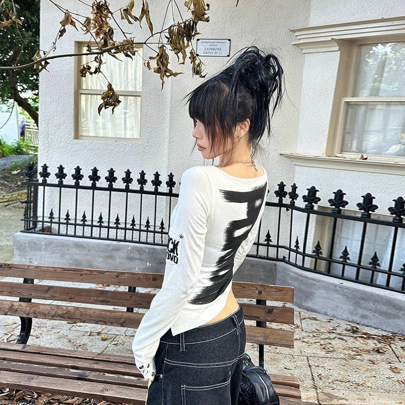 RetroGrunge Button Tee – Y2K Graphic Long Sleeve Top  Vintage attitude. Bold expression. Street-ready style.