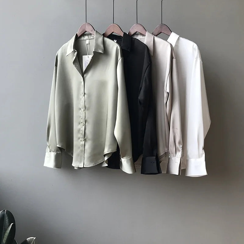 SilkMuse Shirt – Satin Button-Up Vintage Blouse  Smooth texture. Timeless style. Effortless elegance.
