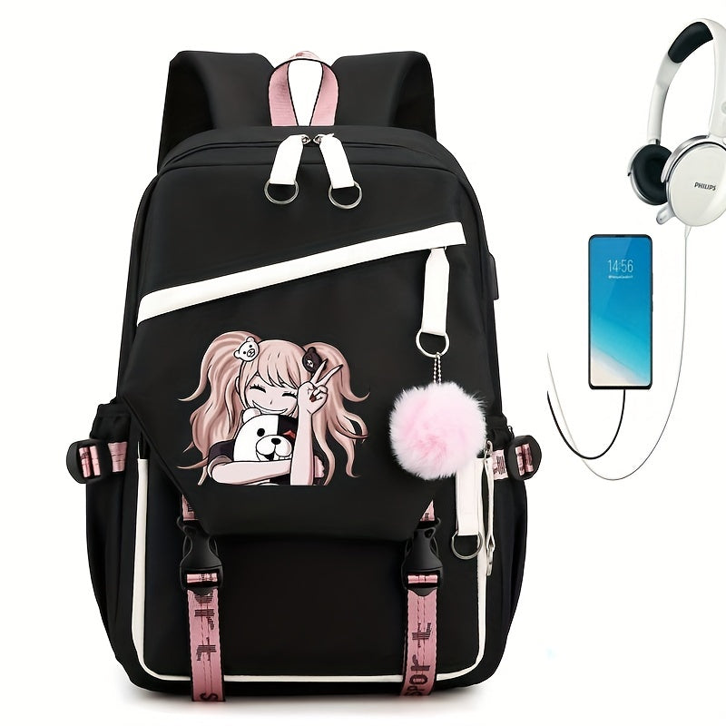 1pc Cute Cartoon Girl Backpack, Large-capacity Travel Bag, Simple Balck Backpack Fashion Contrast Color Rucksack, College School Bag For Teens Girl Women