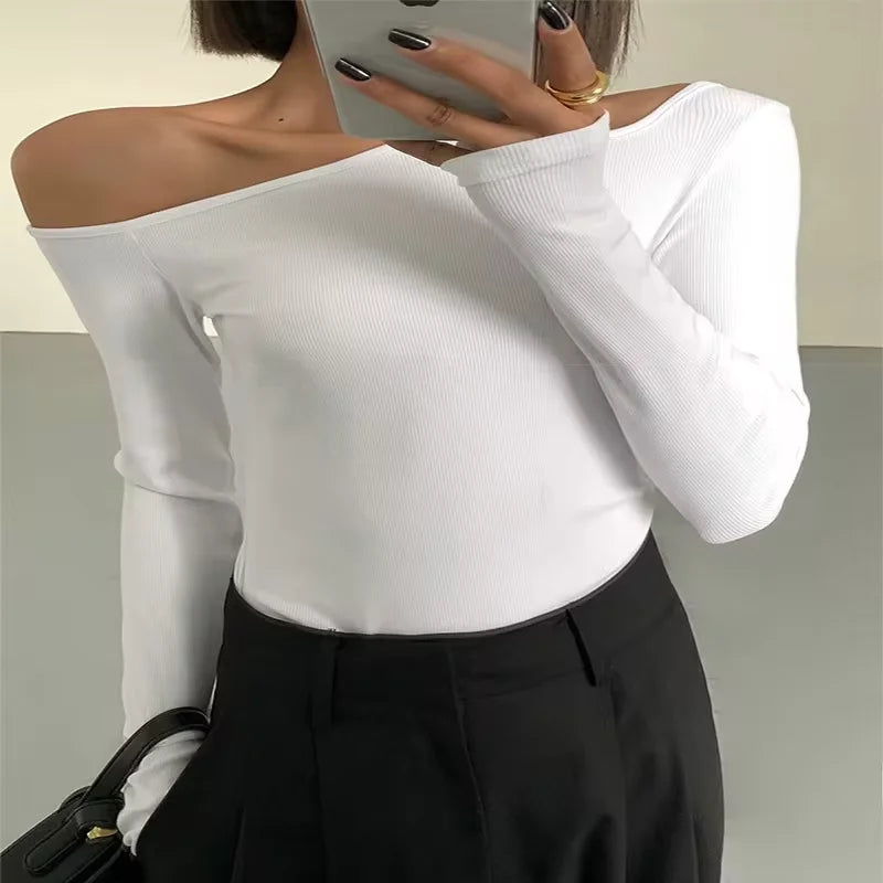 EdgeMuse Skew Collar Top – Off-Shoulder Hollow Crop Tee  Asymmetrical style. Sleek fit. Effortless allure.