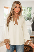 Colorblock Patchwork V-Neck Textured Blouse