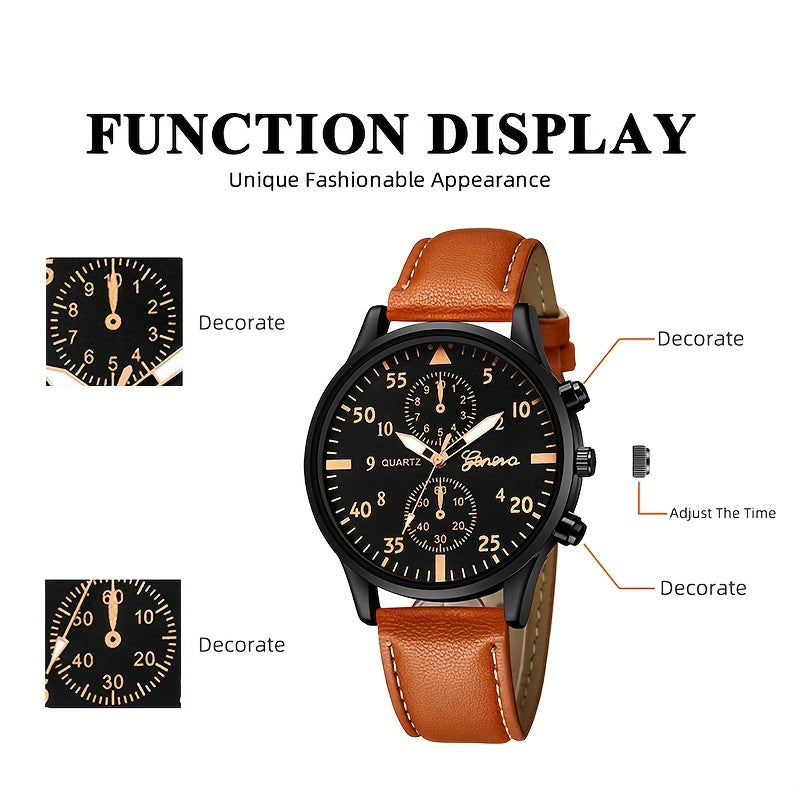 4pcs/set, Fashion Men's Casual Brown Quartz Watch & 3pcs Bracelets, Ideal choice for Gifts
