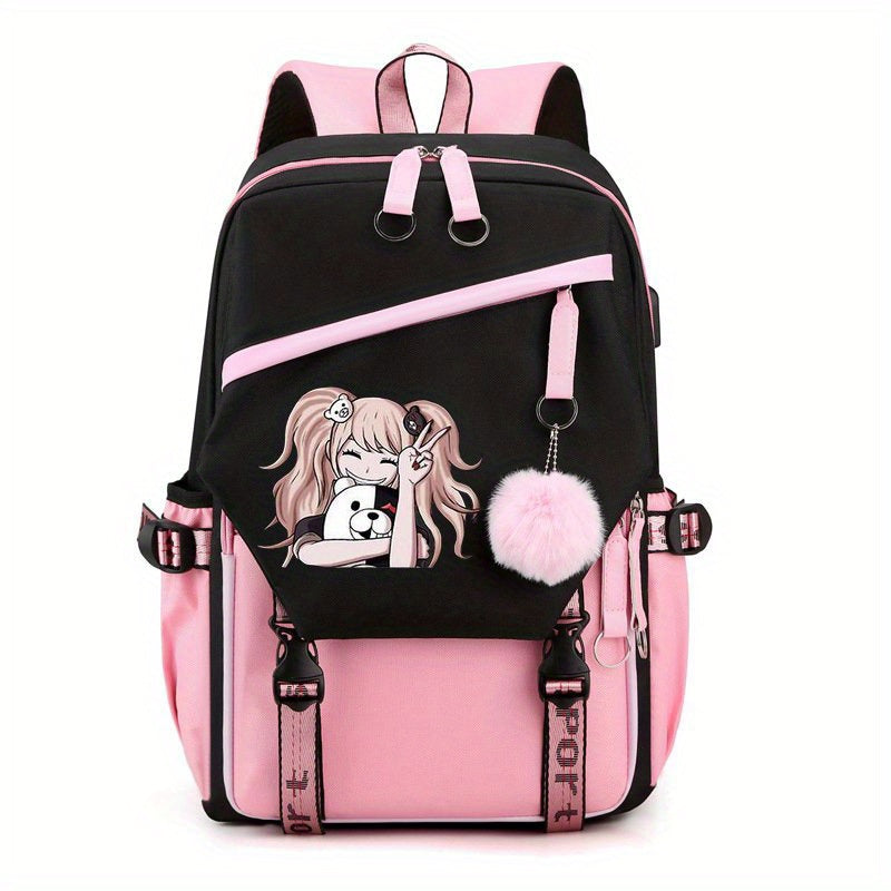 1pc Cute Cartoon Girl Backpack, Large-capacity Travel Bag, Simple Balck Backpack Fashion Contrast Color Rucksack, College School Bag For Teens Girl Women