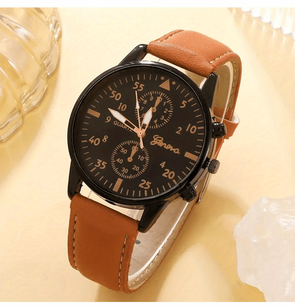 4pcs/set, Fashion Men's Casual Brown Quartz Watch & 3pcs Bracelets, Ideal choice for Gifts