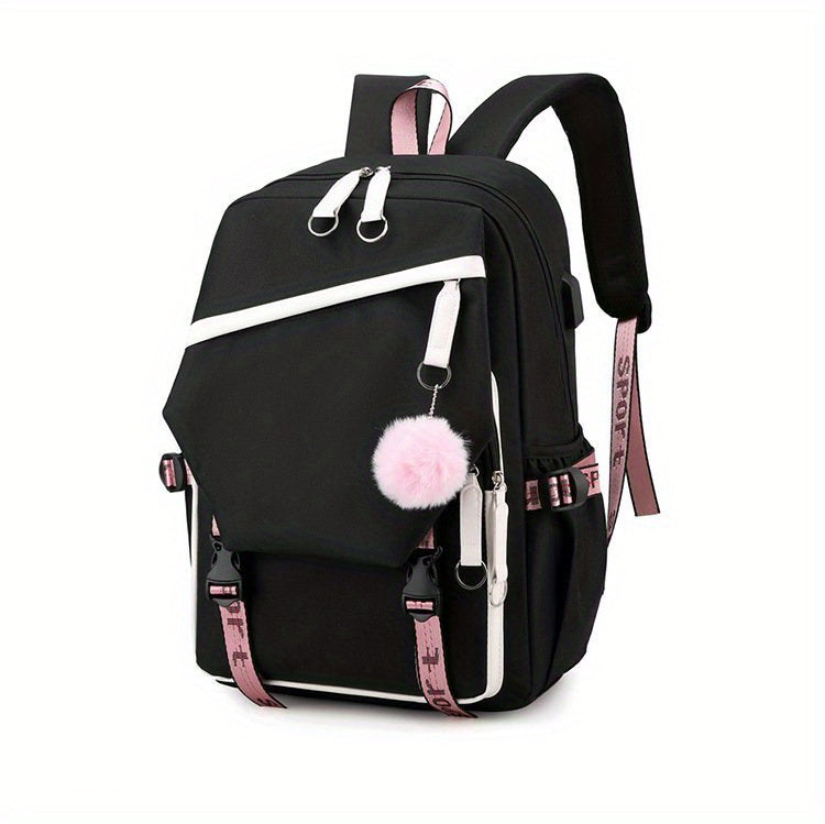 1pc Cute Cartoon Girl Backpack, Large-capacity Travel Bag, Simple Balck Backpack Fashion Contrast Color Rucksack, College School Bag For Teens Girl Women