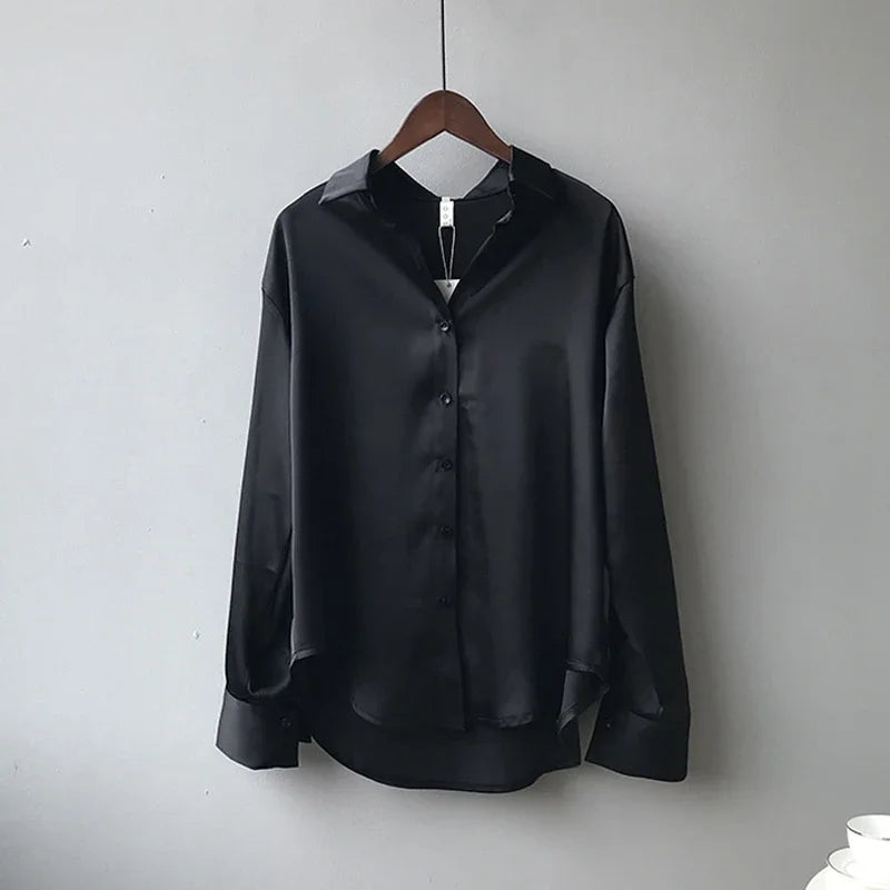 SilkMuse Shirt – Satin Button-Up Vintage Blouse  Smooth texture. Timeless style. Effortless elegance.