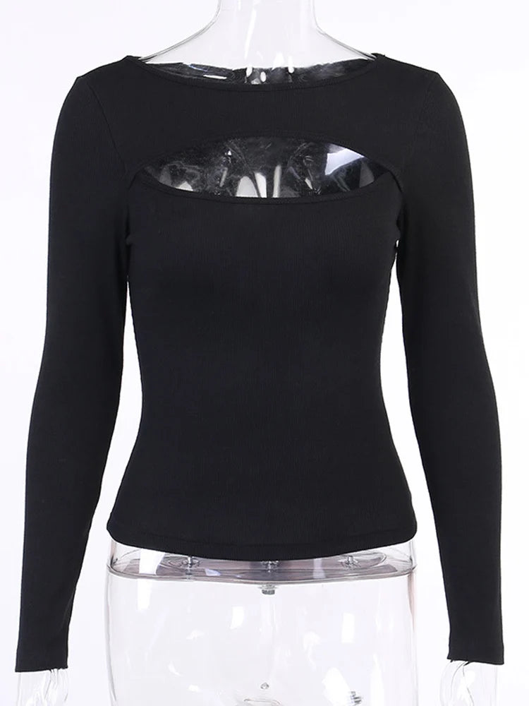 NoirLace Knit Top – Hollow-Out Slim Long Sleeve Tee  Minimal, sleek, and effortlessly feminine.