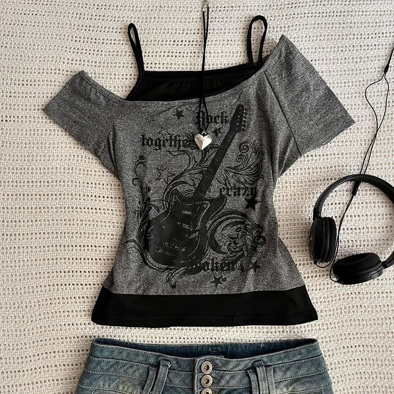RetroMuse Off-Shoulder Top – Y2K Vintage Lace-Up Tee  Edgy layers. Vintage vibes. Effortless style.