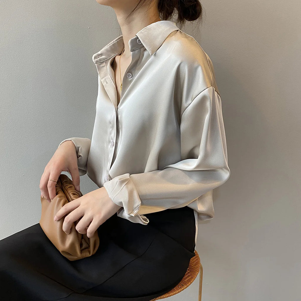 SilkMuse Shirt – Satin Button-Up Vintage Blouse  Smooth texture. Timeless style. Effortless elegance.