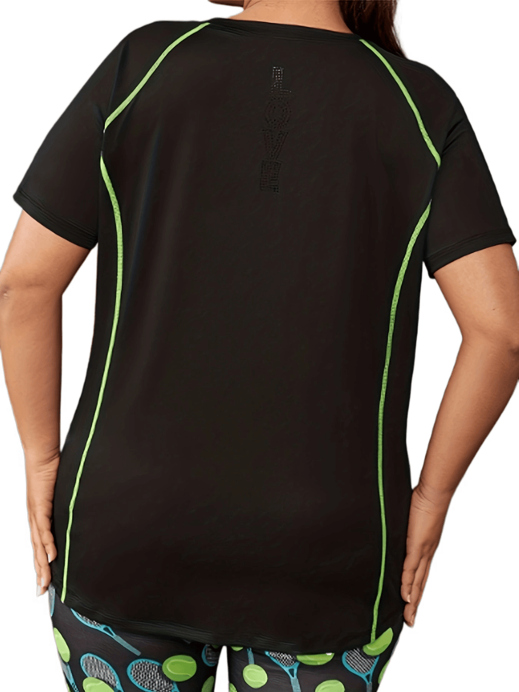 Plus Size Sports Top, Women's Plus Stitching Short Sleeve Round Neck High Stretch Fitness Tee