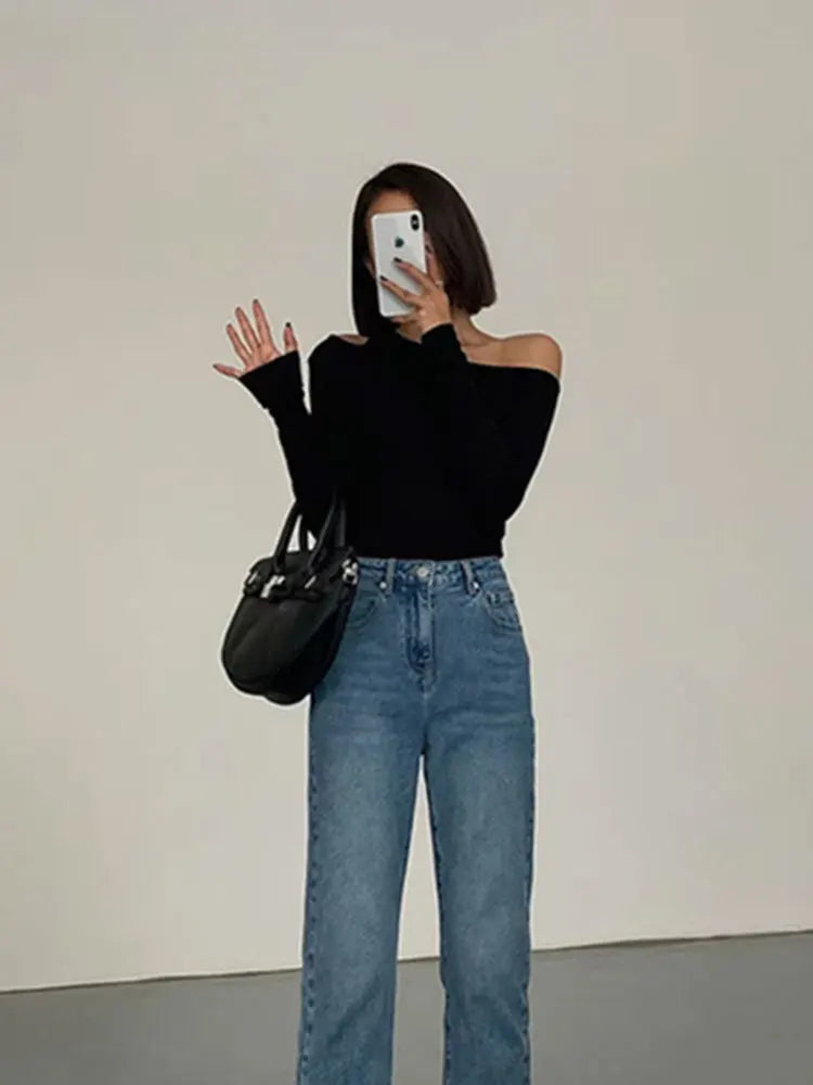 EdgeMuse Skew Collar Top – Off-Shoulder Hollow Crop Tee  Asymmetrical style. Sleek fit. Effortless allure.