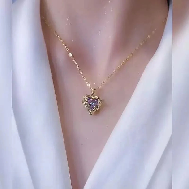 Top Luxury Colorful Crystal Ocean Heart Pendant Necklace For Women Trendy 316L Stainless Steel Jewelry Female Wedding Neck Chain