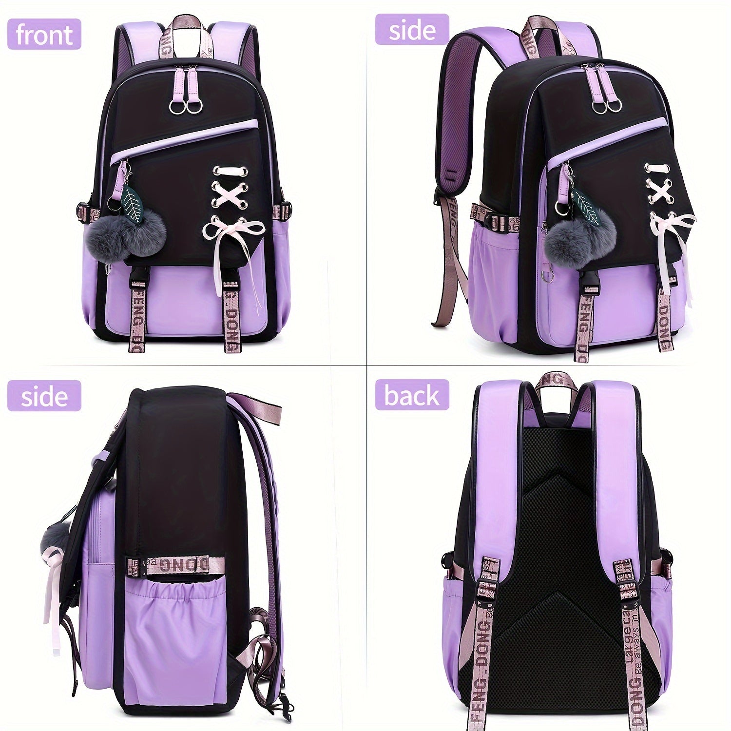1pc Girl School Backpack With Two Small Plush Ball, Fashionable Contrast Color Bag With Letter Pattern Strap, Casual Backpack, Laptop Notebook Bag, With Breathable Shoulder Strap