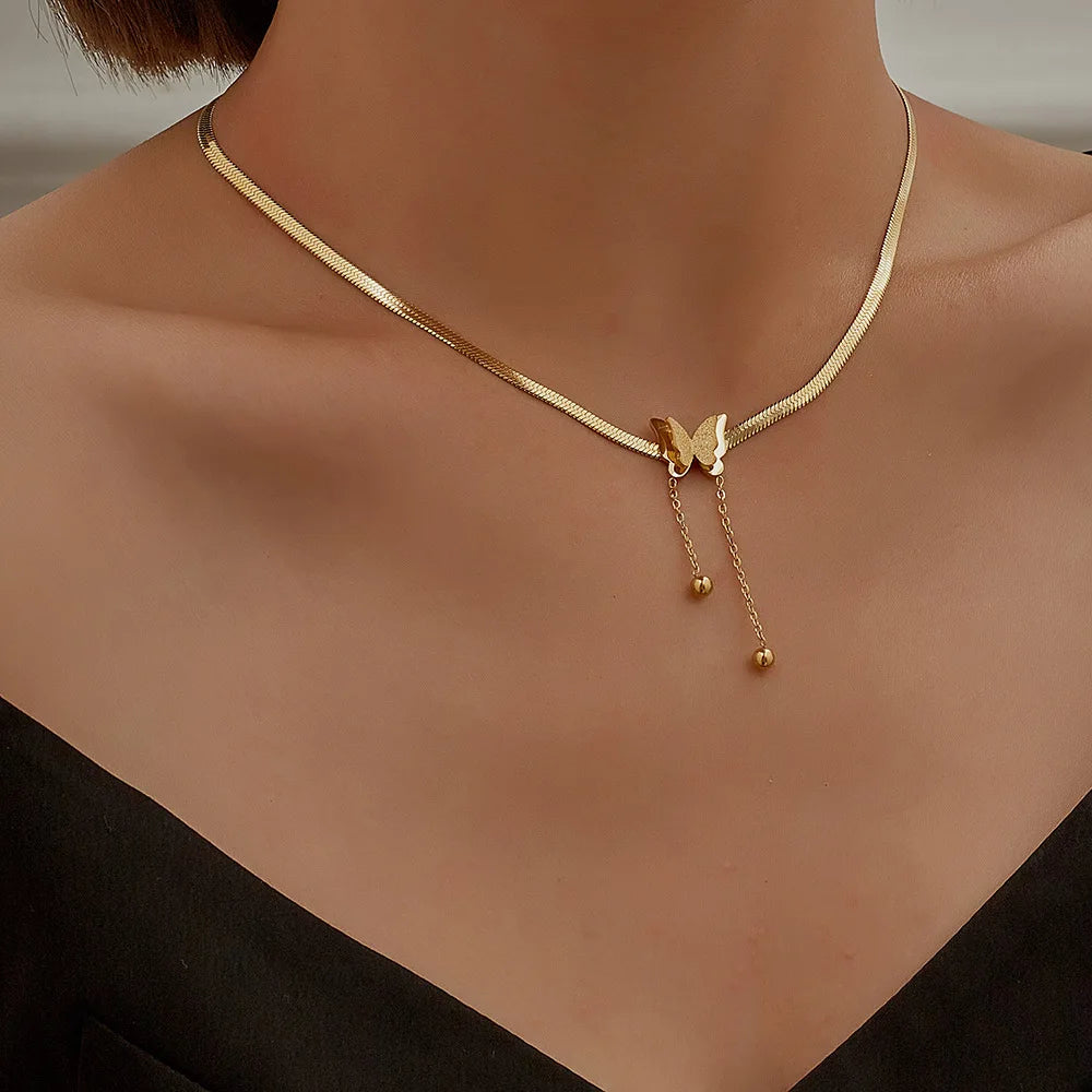 Frost Butterfly Necklace – Stainless Steel Snake Chain  Soft matte shine. Delicate charm. Effortless beauty.