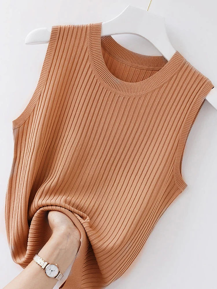 AOSSVIAO Korea Knitted Vests Women Top Summer Sleeveless Blouse Women O-neck Knitted Blouse Shirt Women Clothes Women Tops