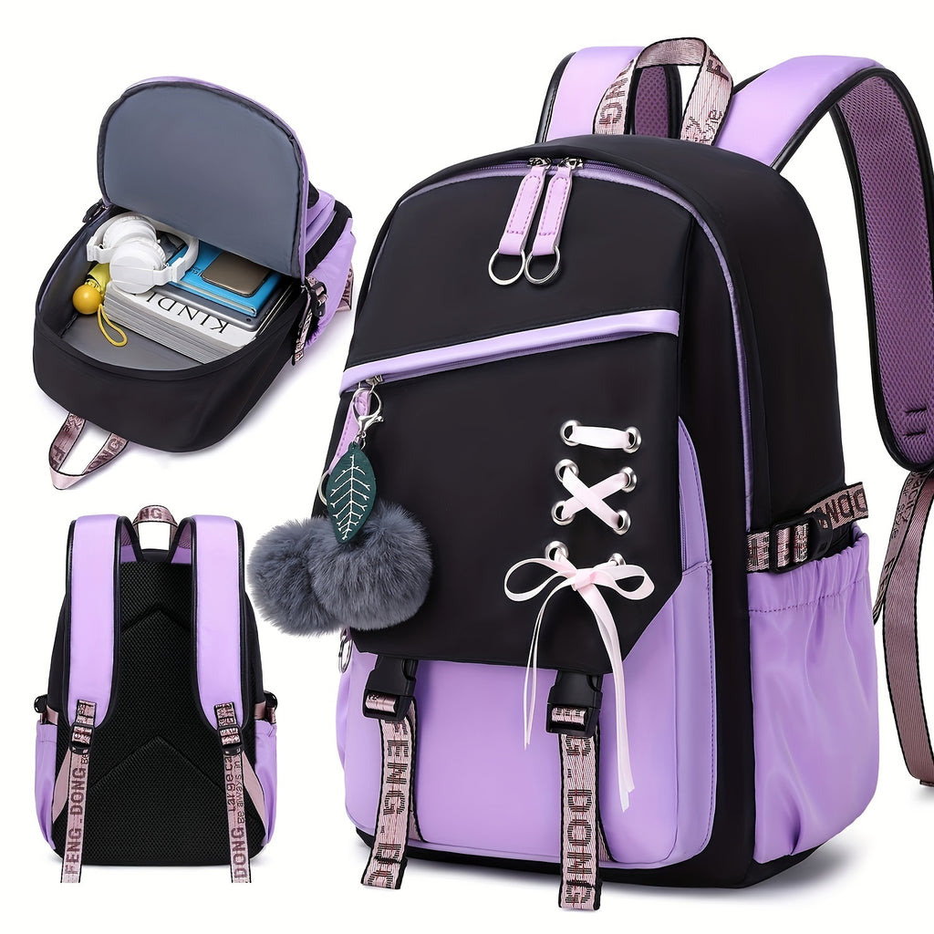 1pc Girl School Backpack With Two Small Plush Ball, Fashionable Contrast Color Bag With Letter Pattern Strap, Casual Backpack, Laptop Notebook Bag, With Breathable Shoulder Strap