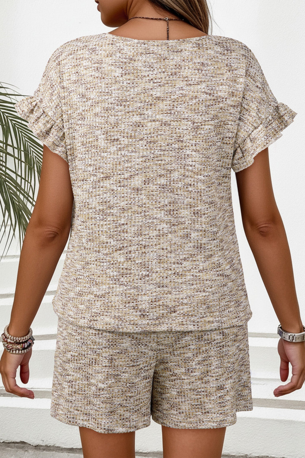 Heather Textured Ruffle Sleeve Top & Drawstring Shorts Set