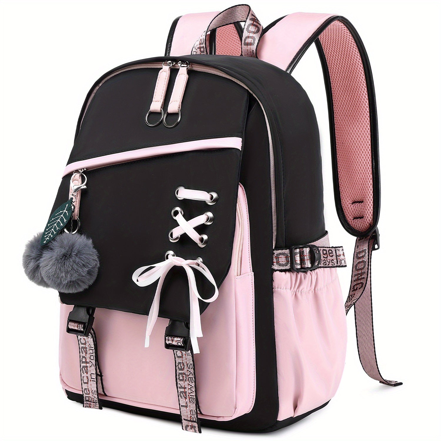 1pc Girl School Backpack With Two Small Plush Ball, Fashionable Contrast Color Bag With Letter Pattern Strap, Casual Backpack, Laptop Notebook Bag, With Breathable Shoulder Strap