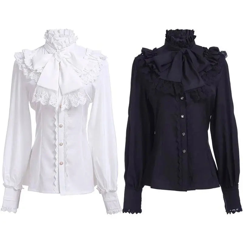 NoirVicta Gothic Blouse – Victorian Ruffle High Collar Top  Dark elegance with timeless vintage charm.