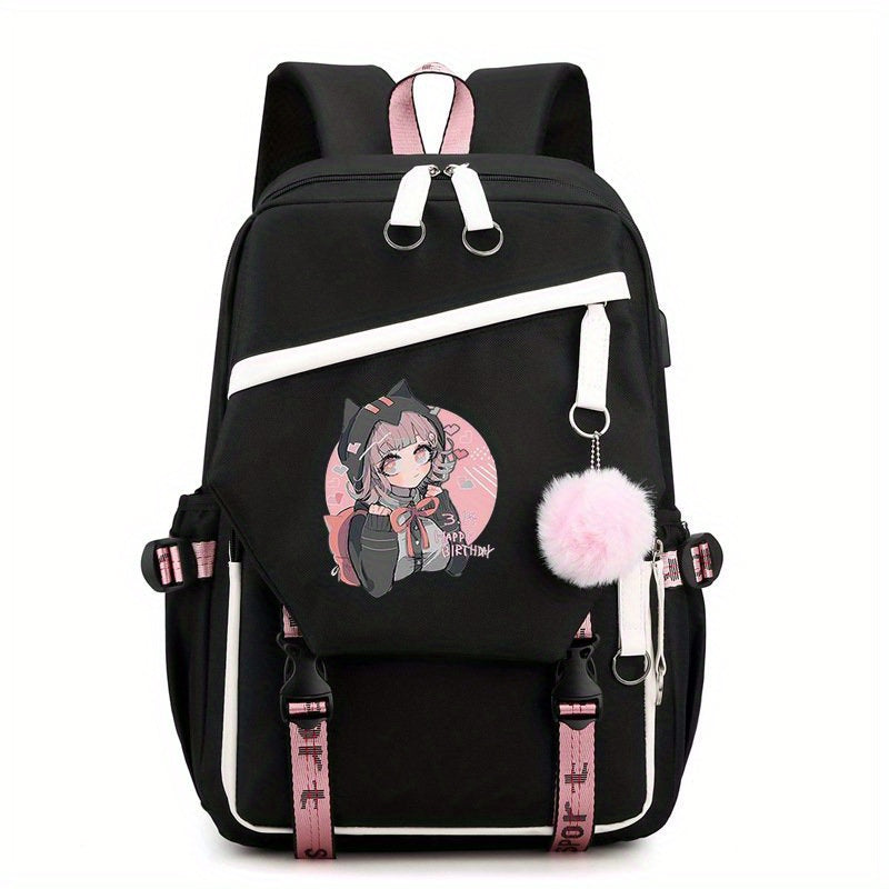 1pc Cute Cartoon Girl Backpack, Large-capacity Travel Bag, Simple Balck Backpack Fashion Contrast Color Rucksack, College School Bag For Teens Girl Women