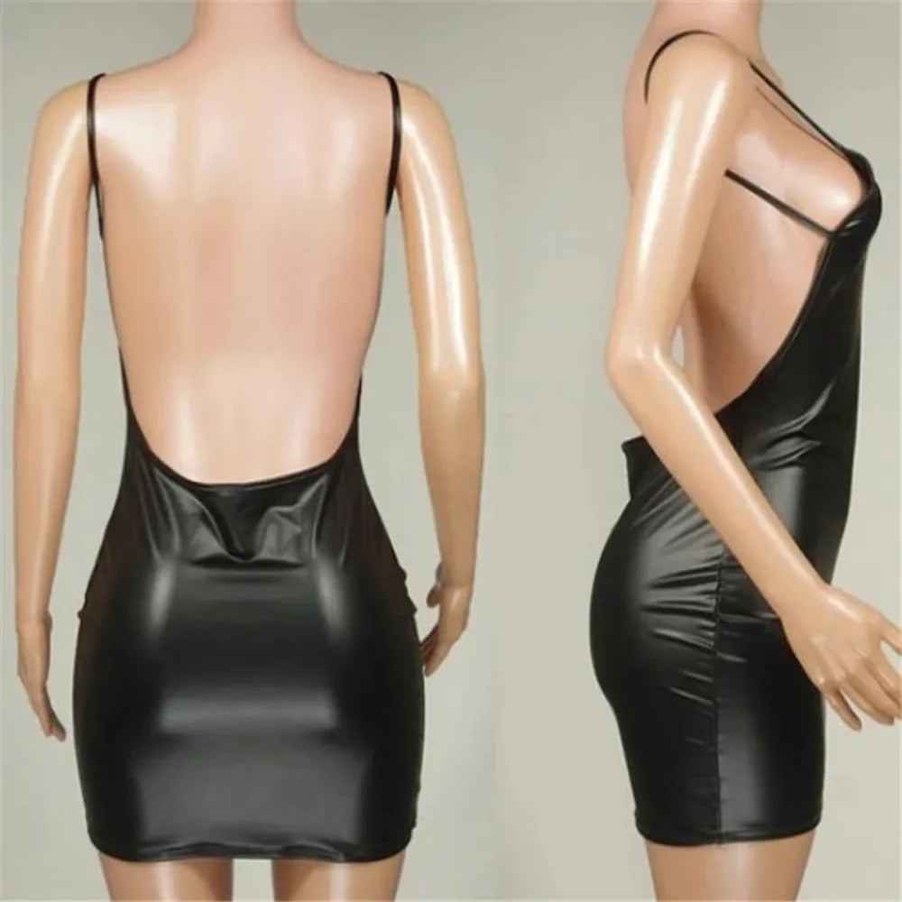 Noir Pulse Mini Dress – Faux Leather Bodycon  Glossy finish. Bold curves. Night-ready confidence.