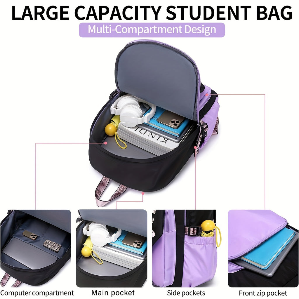 1pc Girl School Backpack With Two Small Plush Ball, Fashionable Contrast Color Bag With Letter Pattern Strap, Casual Backpack, Laptop Notebook Bag, With Breathable Shoulder Strap