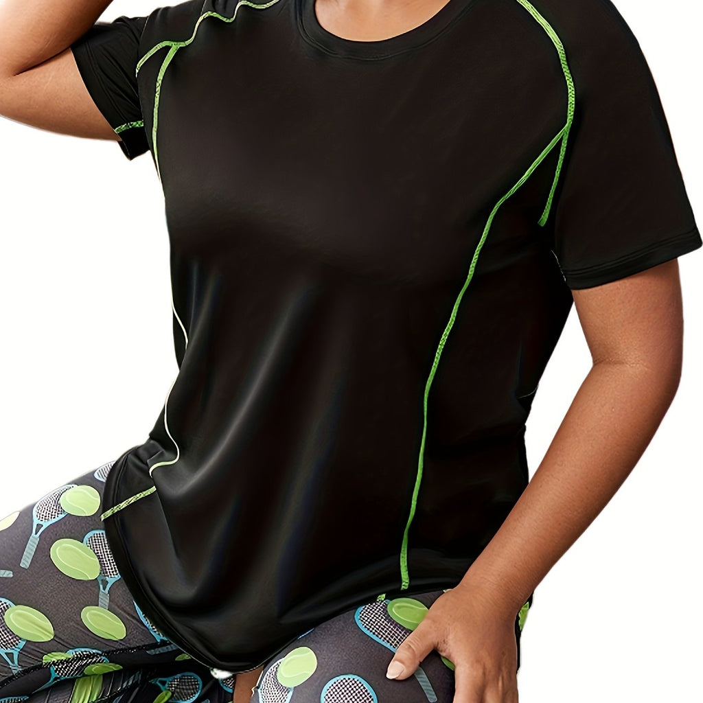 Plus Size Sports Top, Women's Plus Stitching Short Sleeve Round Neck High Stretch Fitness Tee