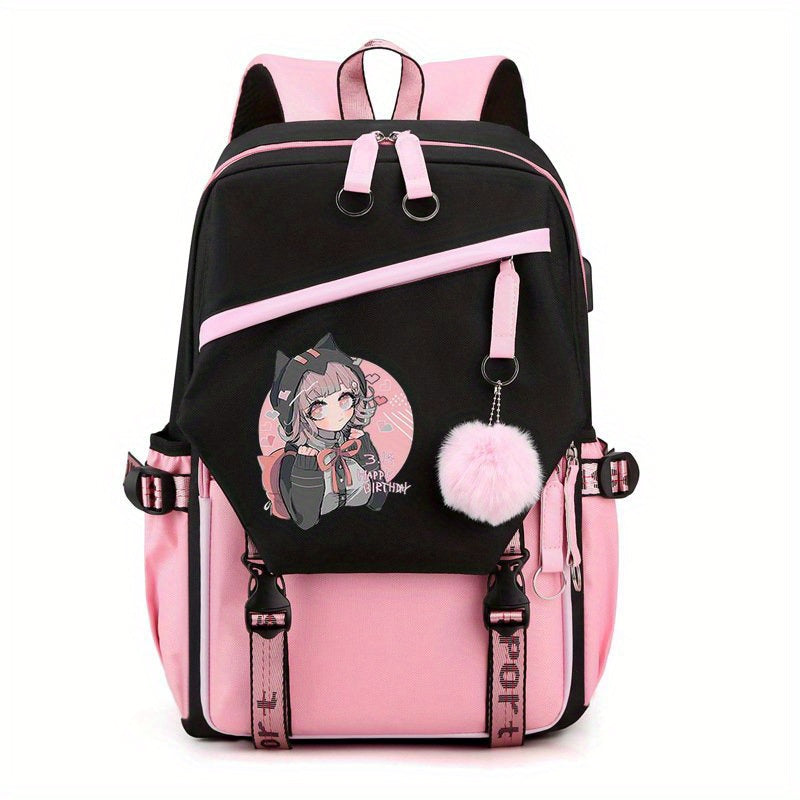 1pc Cute Cartoon Girl Backpack, Large-capacity Travel Bag, Simple Balck Backpack Fashion Contrast Color Rucksack, College School Bag For Teens Girl Women