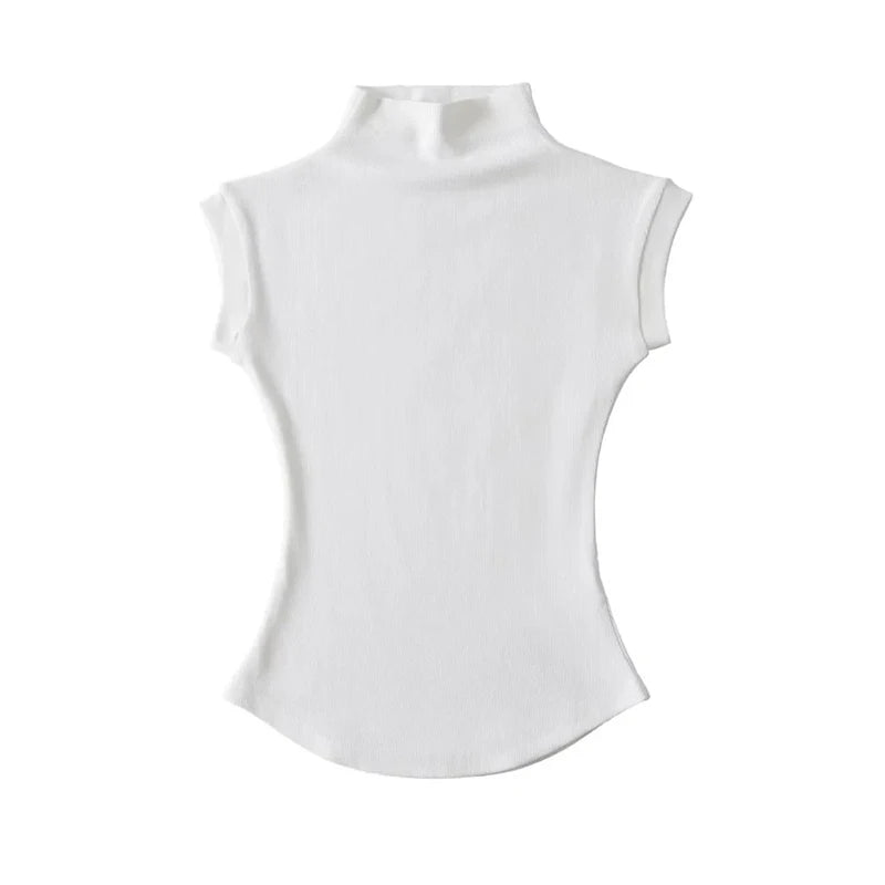 SleekMuse Sleeveless Tee – High Neck Slim Fit Top  Minimal design. Sculpted fit. Effortless style.
