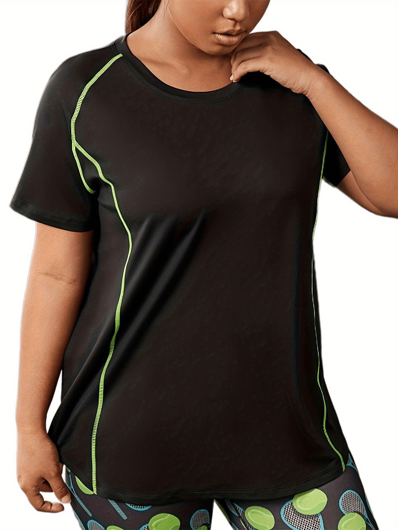 Plus Size Sports Top, Women's Plus Stitching Short Sleeve Round Neck High Stretch Fitness Tee