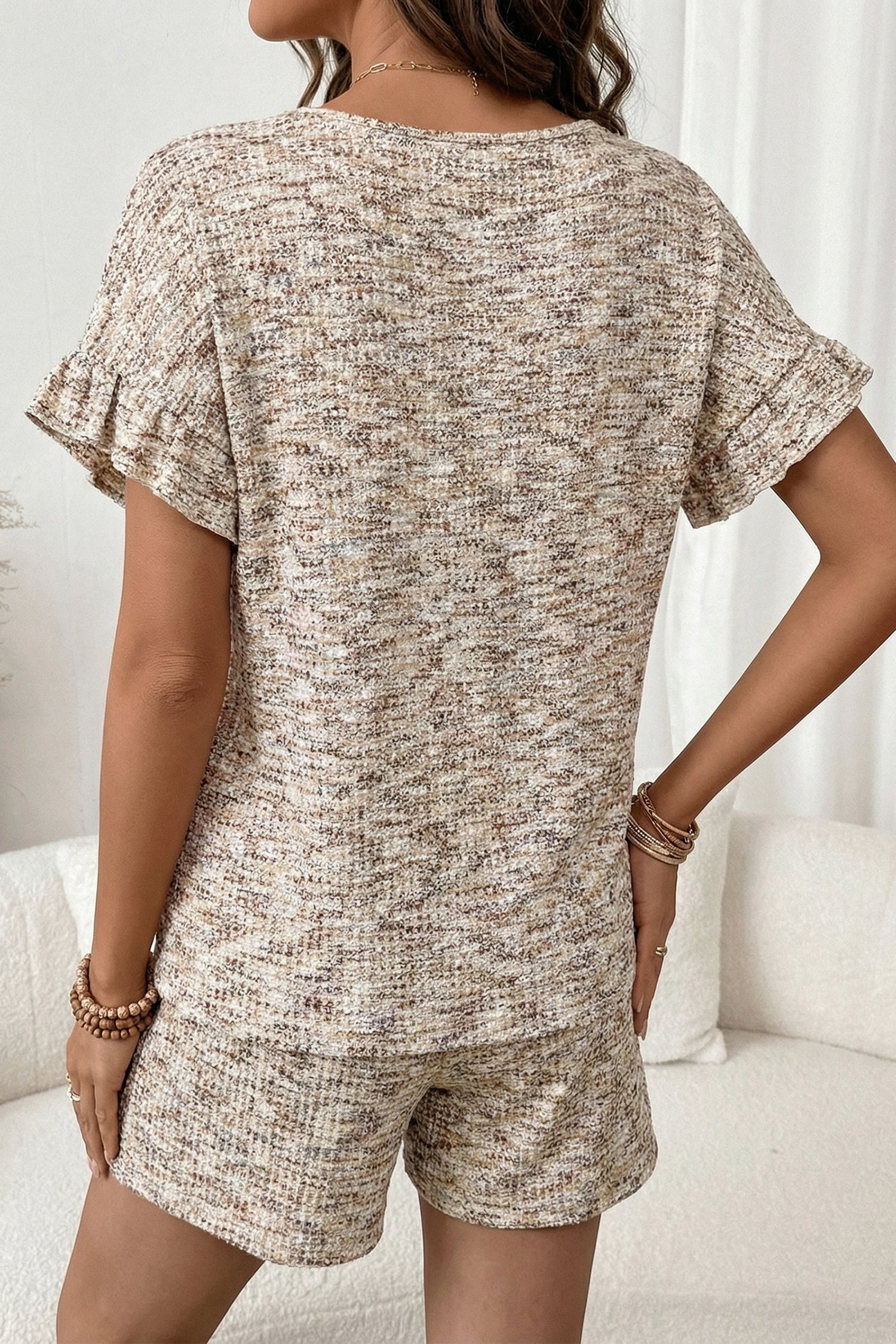 Heather Textured Ruffle Sleeve Top & Drawstring Shorts Set