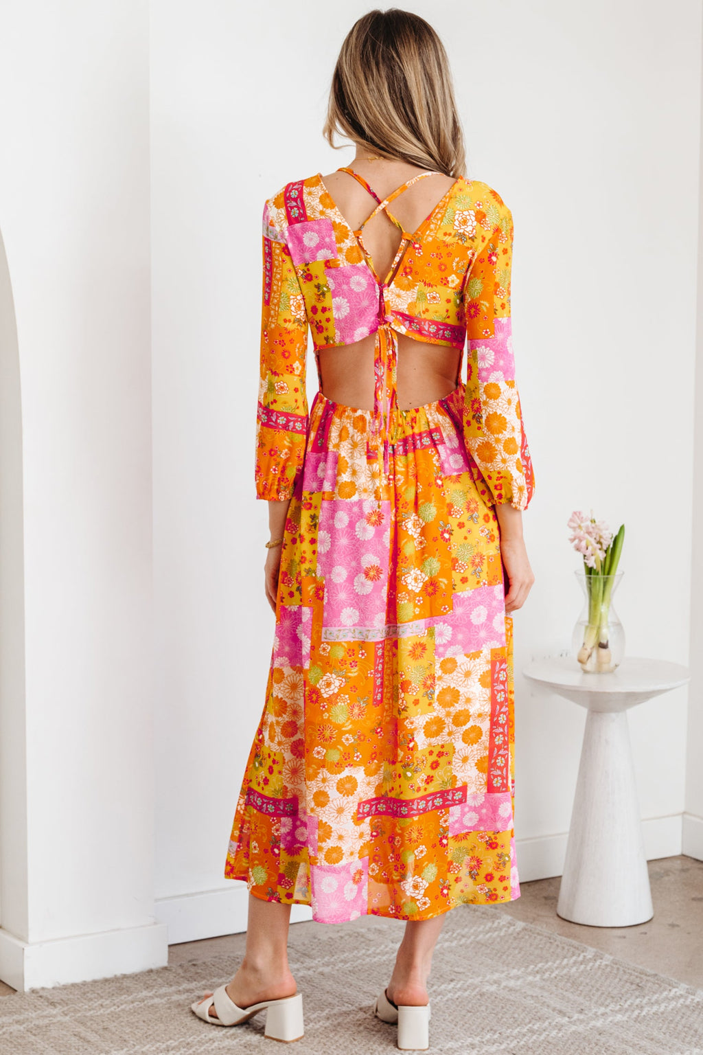 Floral Patchwork Cut-Out Tied Back Maxi Dress
