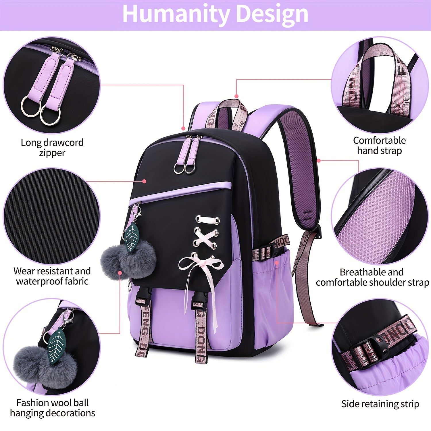 1pc Girl School Backpack With Two Small Plush Ball, Fashionable Contrast Color Bag With Letter Pattern Strap, Casual Backpack, Laptop Notebook Bag, With Breathable Shoulder Strap