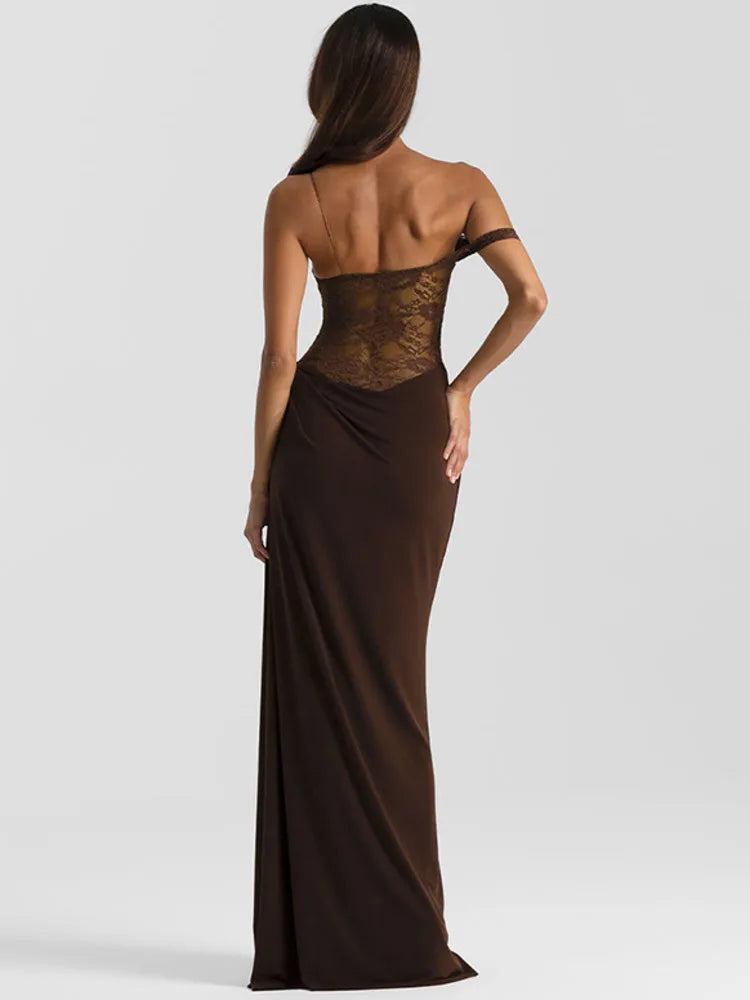 LaceÉtoile One-Shoulder Maxi Dress – Sheer Elegance  Bold sophistication with a touch of allure.