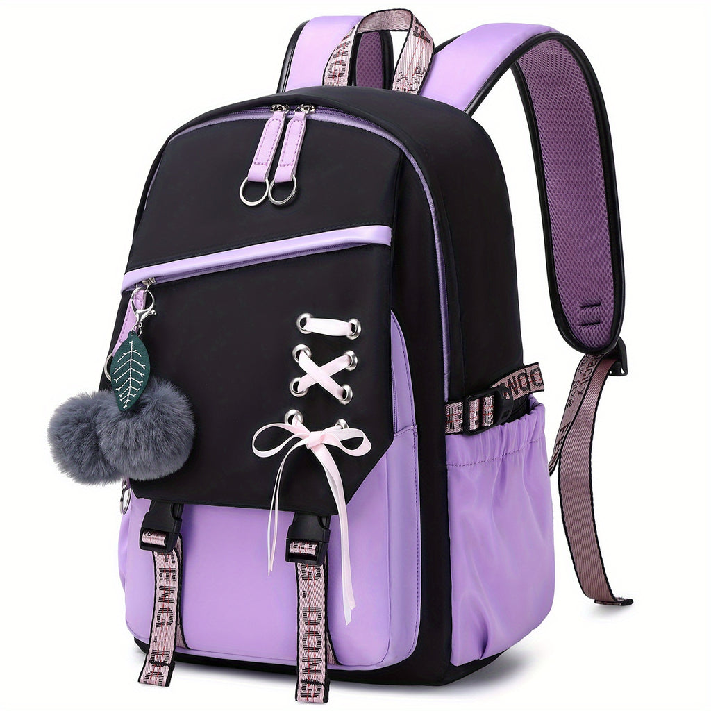 1pc Girl School Backpack With Two Small Plush Ball, Fashionable Contrast Color Bag With Letter Pattern Strap, Casual Backpack, Laptop Notebook Bag, With Breathable Shoulder Strap