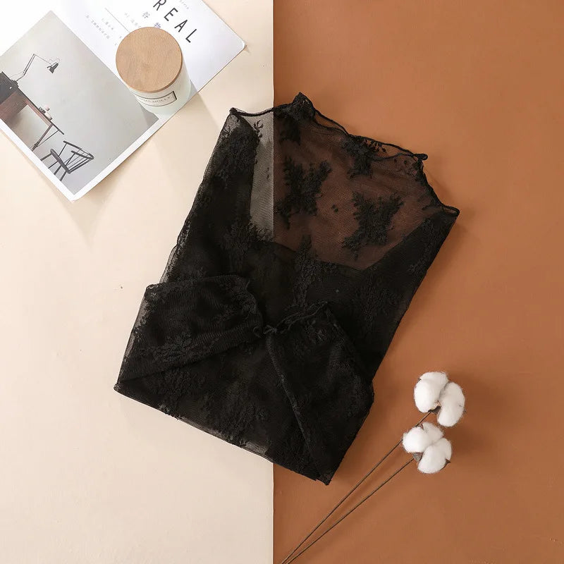 Women's Mesh T-Shirts Long Sleeve Transparent Lace Blouse Sheer See through Top Bottoming Shirt Crop Body Tee