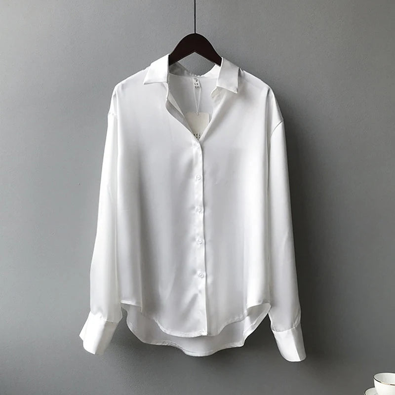 SilkMuse Shirt – Satin Button-Up Vintage Blouse  Smooth texture. Timeless style. Effortless elegance.