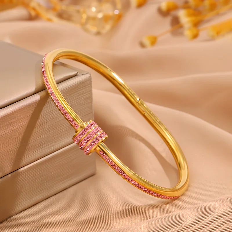 ZAKOL 5/1pcs Sparkling Zirconia Inlaid Stainless Steel Bracelet Set for Women Stackable Bangles Fashion Non Fading Jewelry Gift