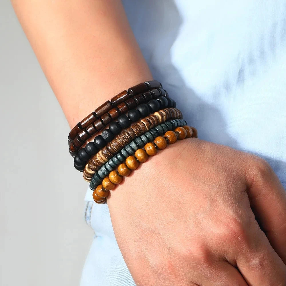 RuggedWrap Bracelet Set – PU Leather & Wood Beads  Natural vibe. Strong style. Built for everyday wear.