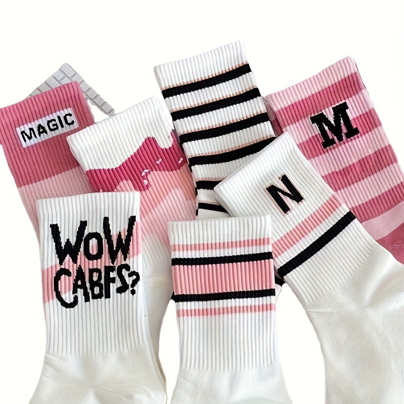 7 Pairs Letter Striped Socks, Comfy & Breathable All-match Socks, Women's Stockings & Hosiery